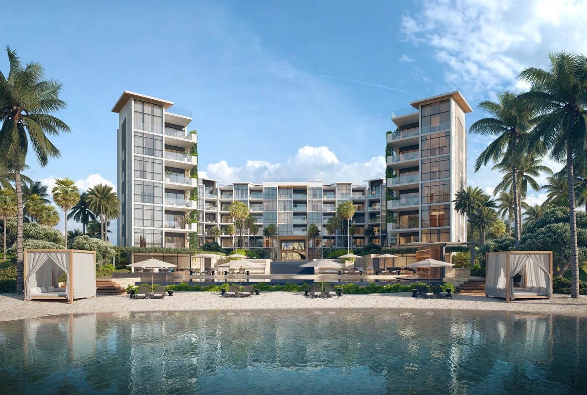 Render de la fachada y piscina del proyecto Cassa Juanillo en Cap Cana
