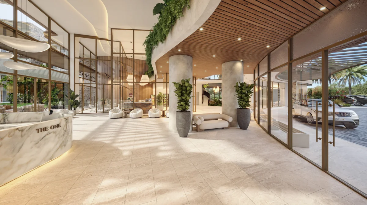 Render de lobby de The One en Cap Cana