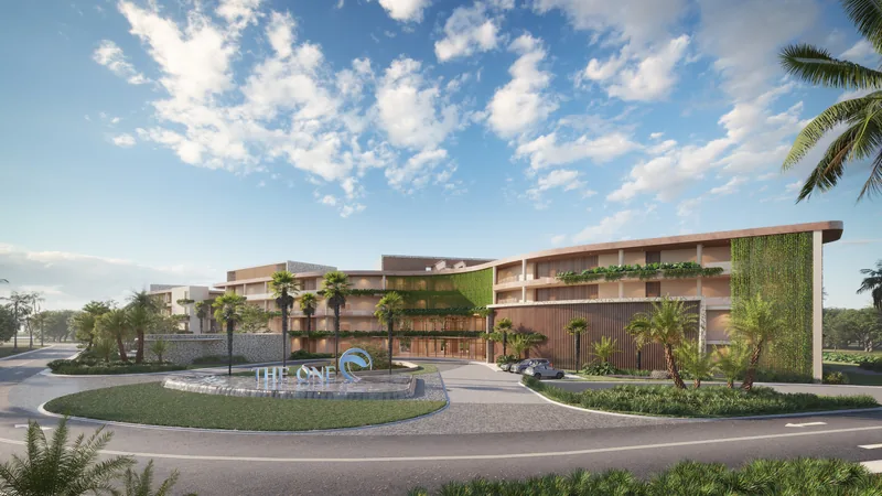 Render de la entrada y fachada del proyecto The One en Cap Cana