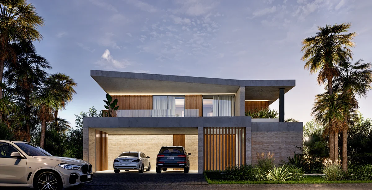 Render de fachada noche de Villa Vella en Cap Cana